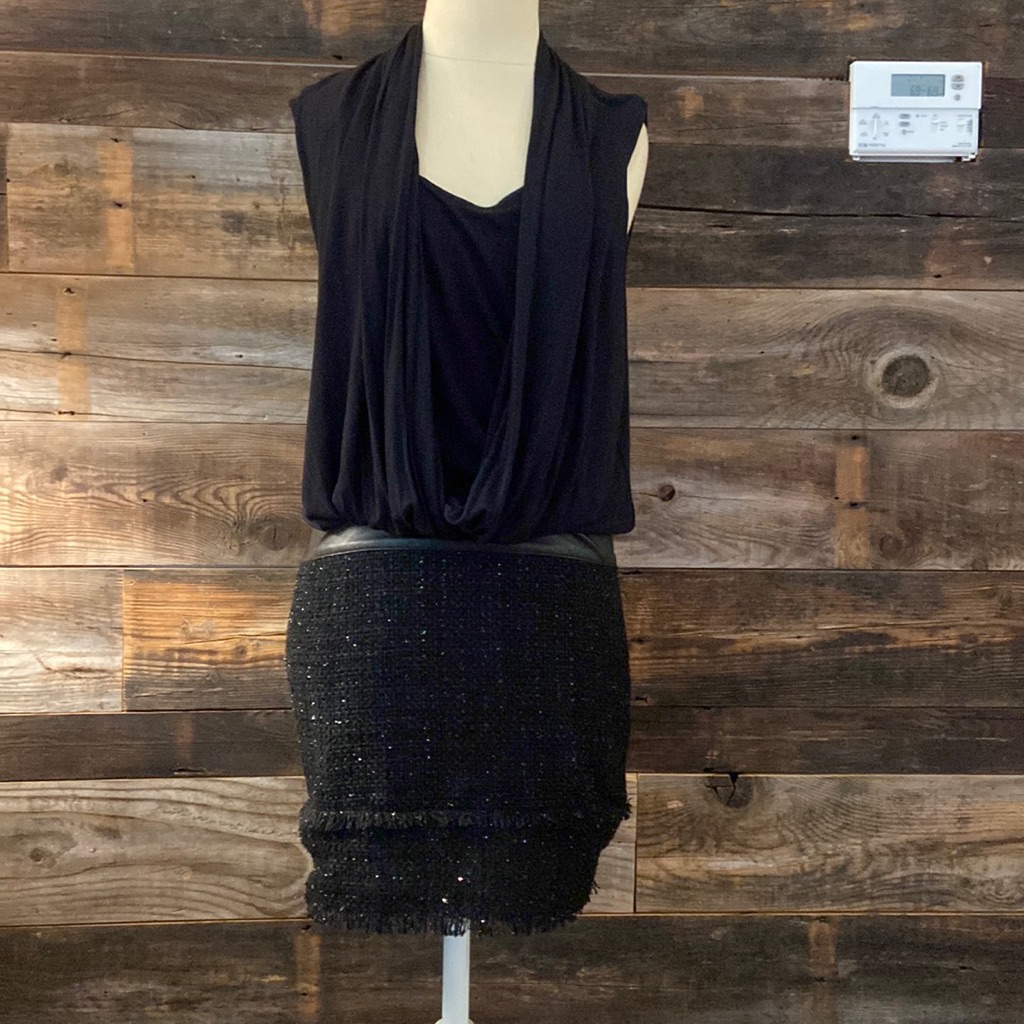 Abs Allen Schwartz Black Tank Dress W/Sequin Skirt/Leather Band